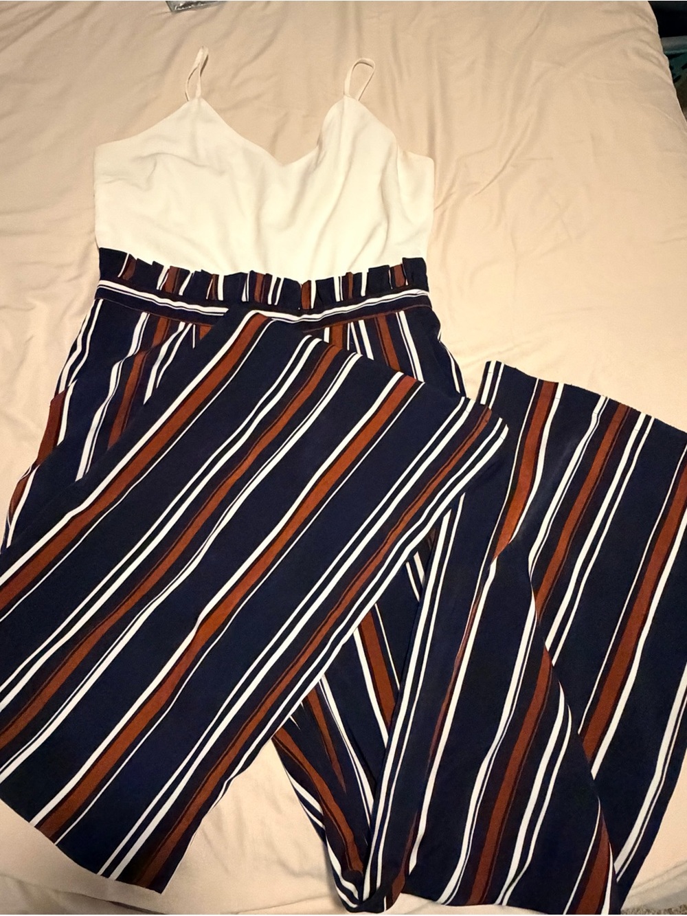 Altar'd State Navy, White & Brown Striped Wide-Leg Jumpsuit
